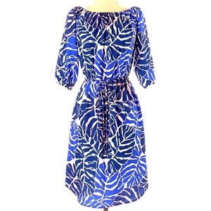 Felicity & Coco blue leaf Puff sleeve Elastic Waist midi polyester dress Sz XL